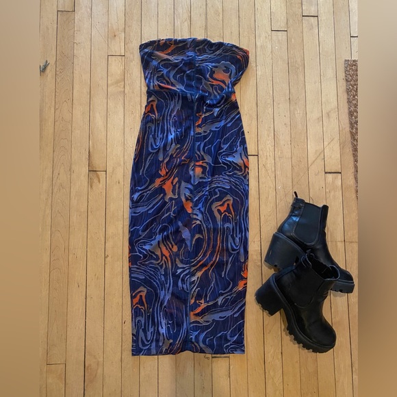 SOLD | Strapless Midi, Sheer Mesh Fire and Water Dress - Picture 1 of 5